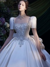Luxury French Style, Satin, Square Neck, Short Sleeve, Princess Wedding Dress