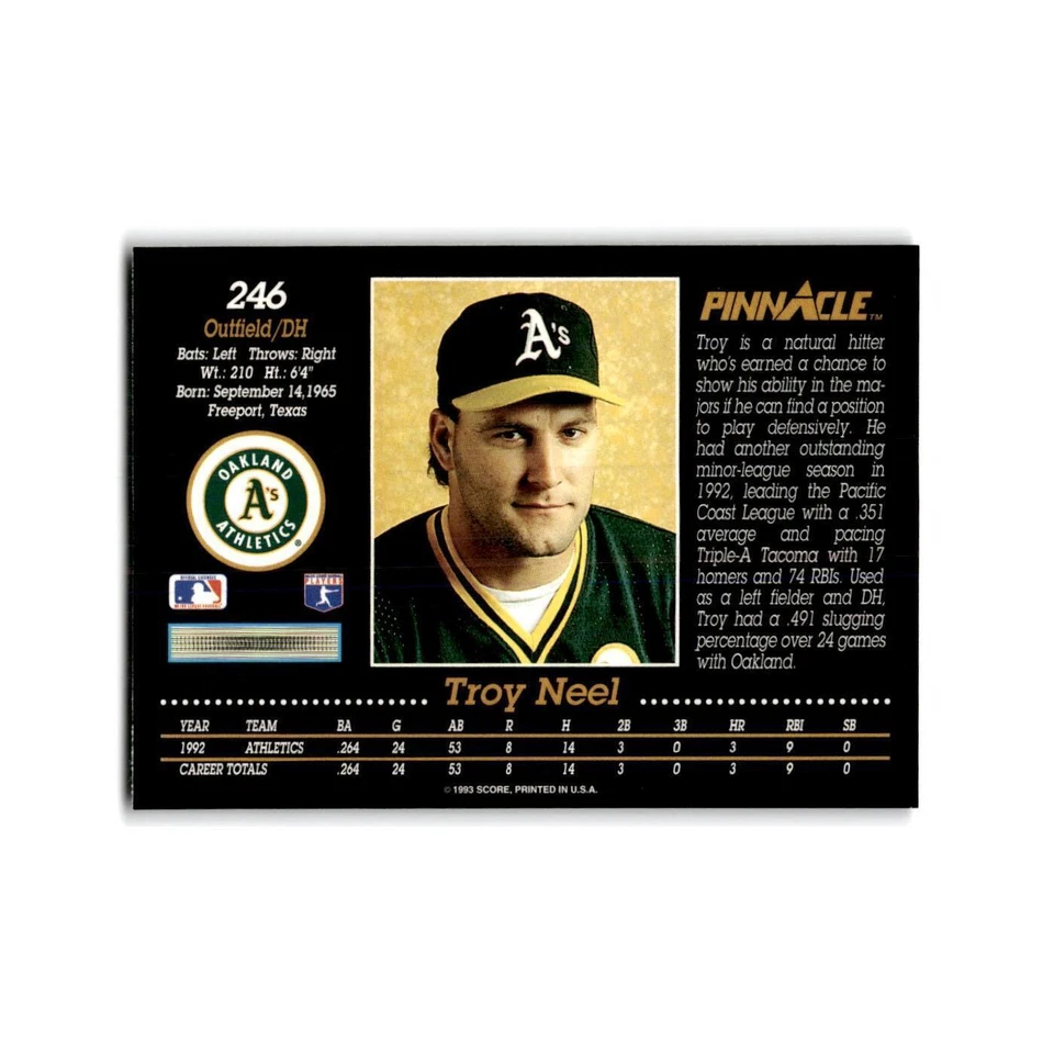 Troy Neel Rookie 1993 Pinnacle #246 Oakland Athletics Baseball Card NM - Image 2 of 3