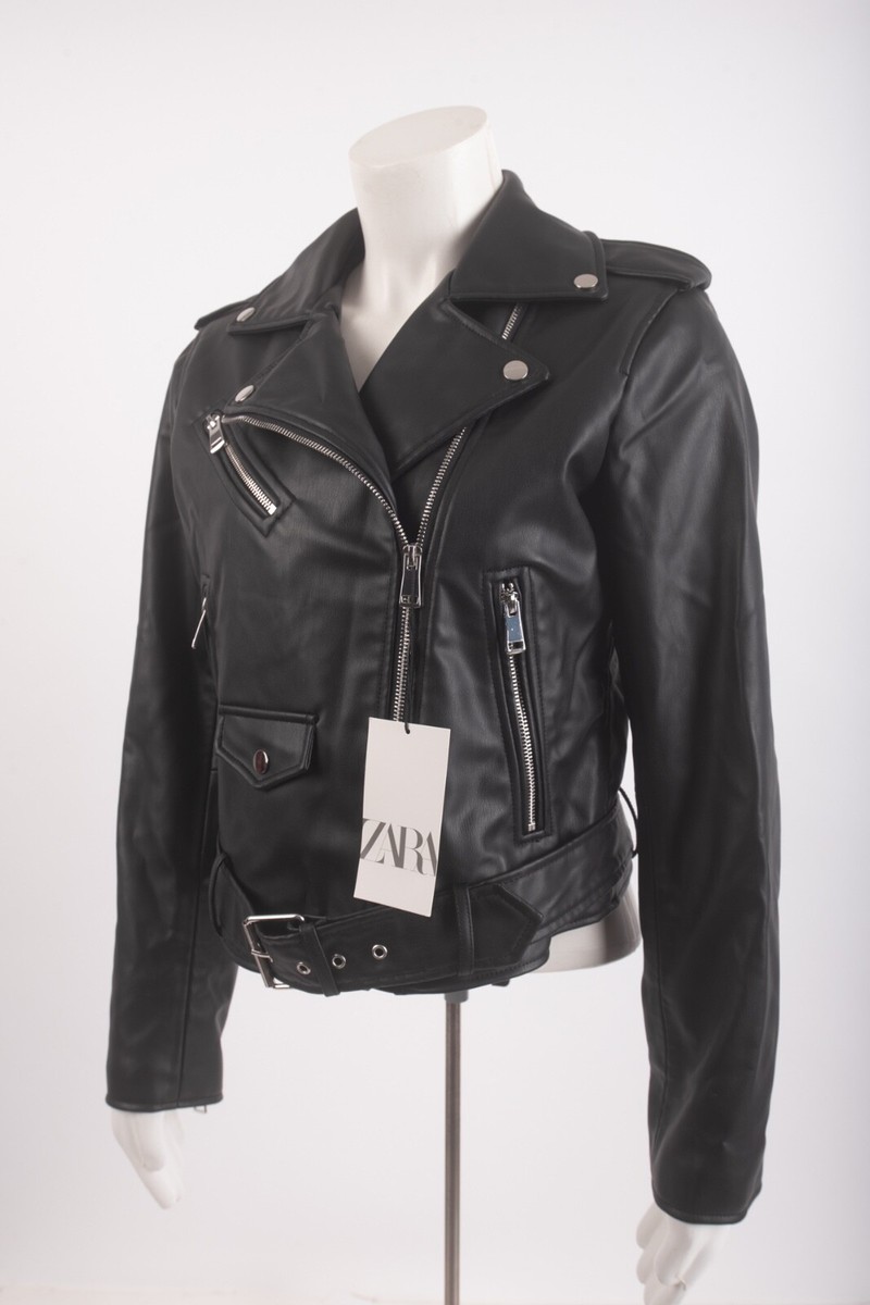 Zara Womens Belted Faux Leather Jacket Biker Black M Medium