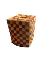 VTG 70s Facial Tissue Box Cover Orange Handmade Plastic Canvas Upright Square