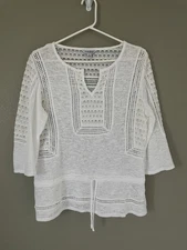 Lucky Brand White Lace Cotton Blend 3/4 Sleeve Boho Top Size Small