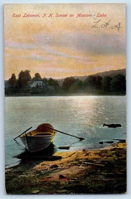 1910 East Lebanon New Hampshire Vintage Postcard Sunset Mascom Lake Canoe Boat