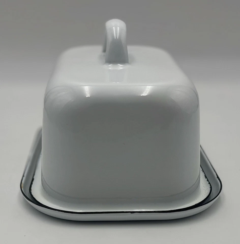 Plato de mantequilla esmalte blanco granja borde negro y letras grises grande Foto 4 de 4