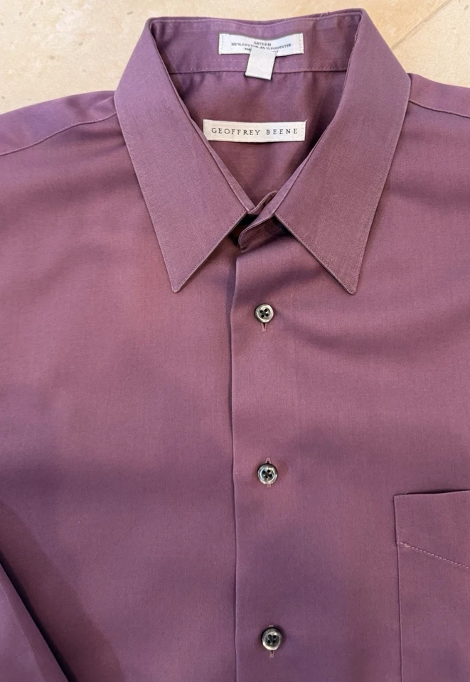 Geoffrey Beene Hombre Camisa de Vestir Satén Manga Larga Púrpura Grande 16 1/2 + 32/33  Foto 4 de 4