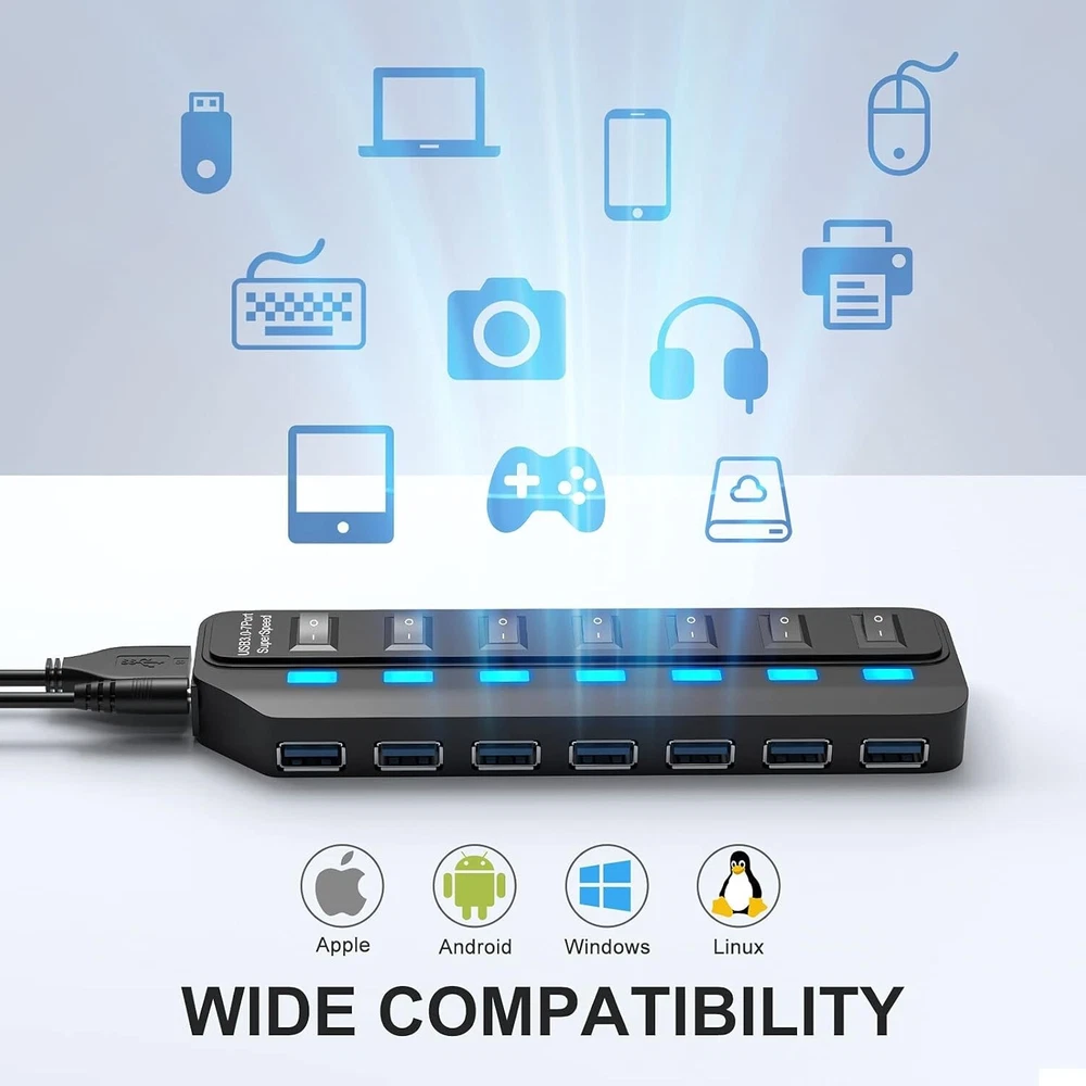 7-Port USB 3.0 Hub with Individual On/Off LED Switches 7-Port USB 3.0 Hub with Individual On/Off LED Switches