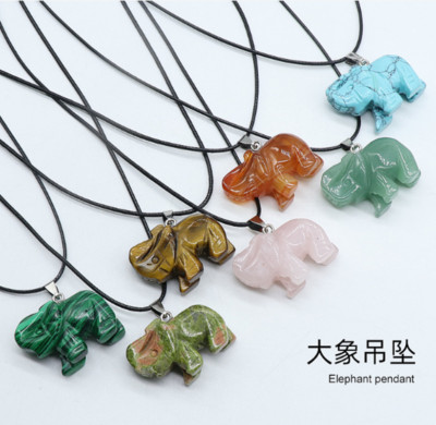 26*37mm Natural Tiger's Eye/Gold Sand/Opal Elephant Pendant Necklace 18''