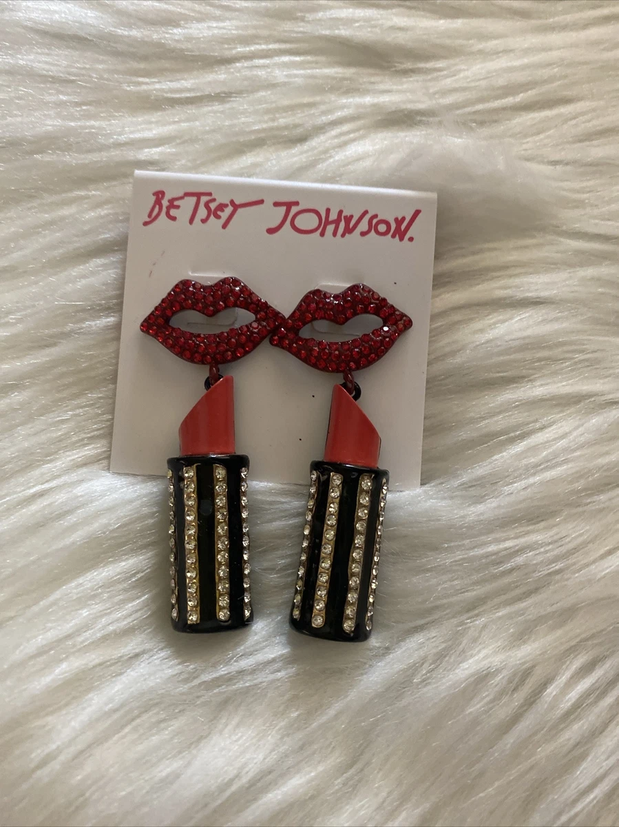 Betsey Johnson Red Lips Pink Black Lipstick Drop Earrings Crystal NWT