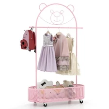 3 Height Adjustable Kids Clothes Rack w/ Bottom Storage Shelf 4 Universal Wheel