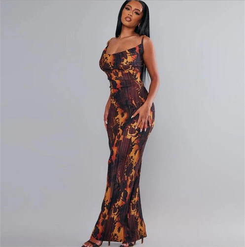 Cowl Neck Plisse Maxi Dress Sleeveless Printed Tank Dress Summer Beach Dresses - Bild 20 von 39