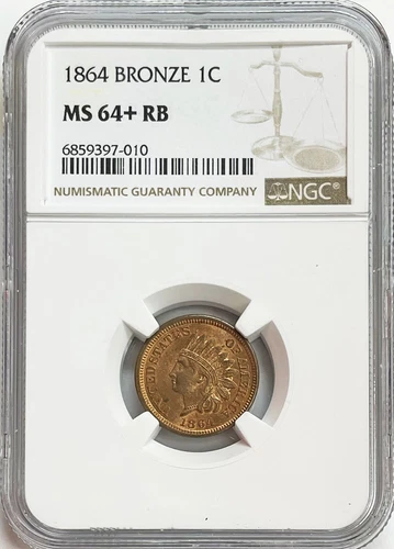 1864 BRONZE US INDIAN HEAD CENT COIN NGC MINT STATE 64+ RED BROWN