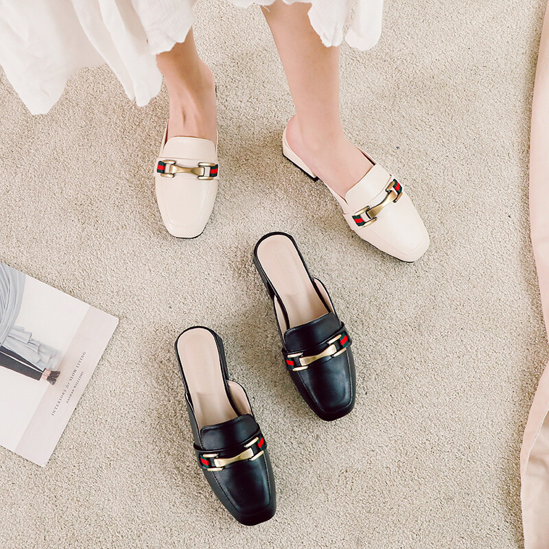 靴 VELOUR FLAT MULES retroinspired mules womens chic two tone slip mules metallic
