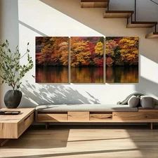 3pcs Red Yellow Trees On The Lake Bank Wall Art Canvas Framed 50x70cm