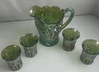 Imperial Tiger Lily Green Carnival Glass Water Set Pitcher 4 Tumblers Cups Rare