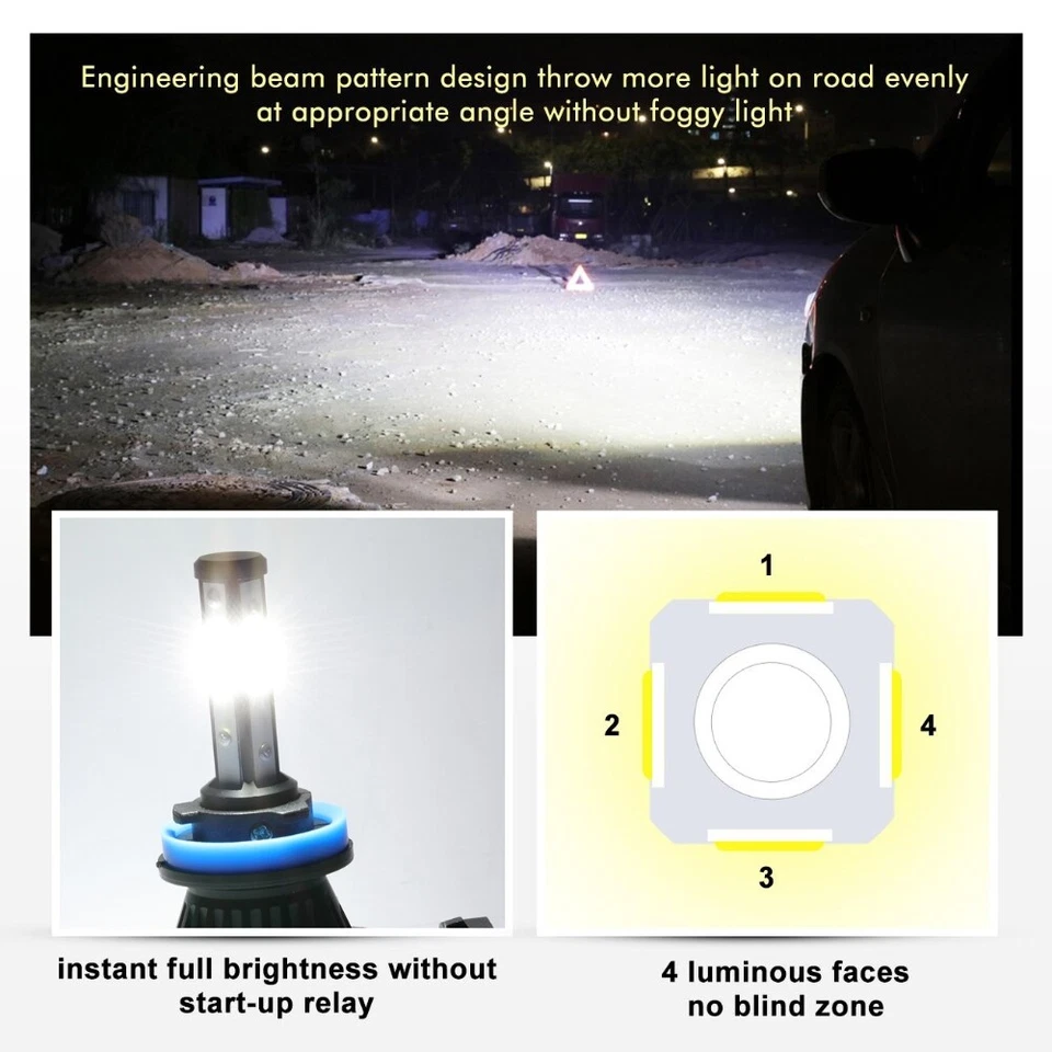4-Side H9 H11 LED Headlight High Low Beam Bulb Super Bright 6500K White 360000LM - Image 4 of 4