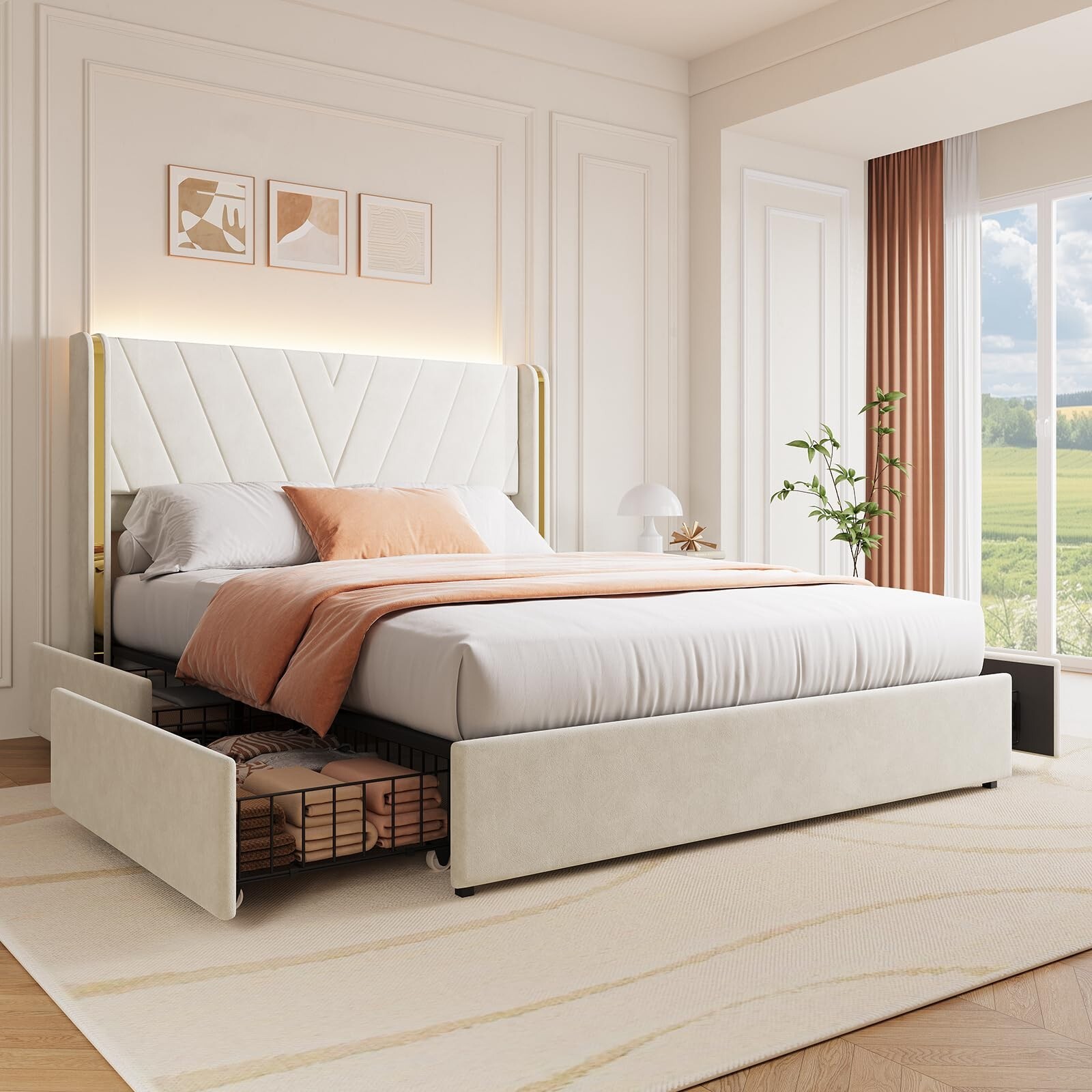 LED Full Queen Size Bed Frame with Wooden Headboard 4 Storage Drawers Platform