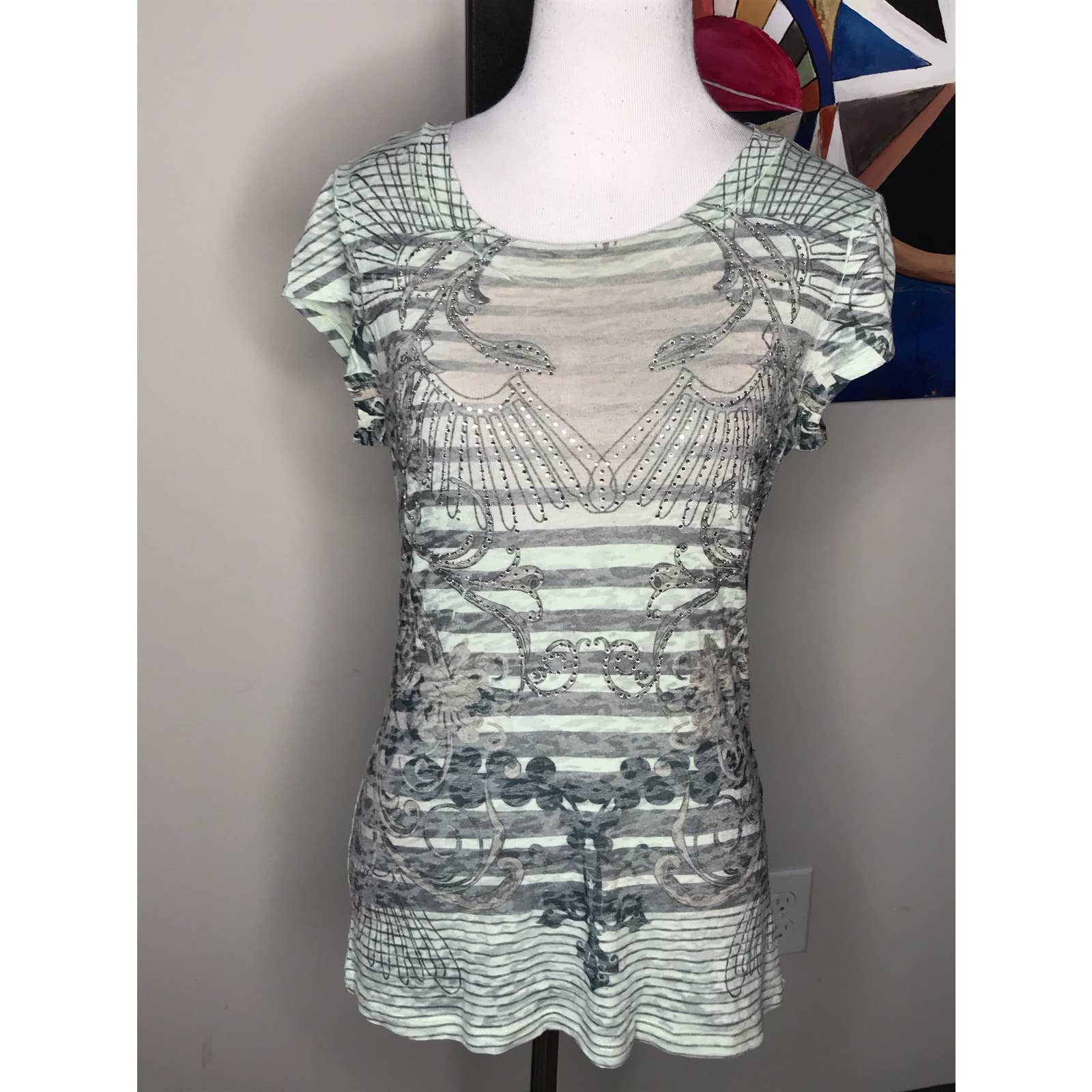 Teal Striped Embellished T-Shirt by Mel & Wend for Women-image
