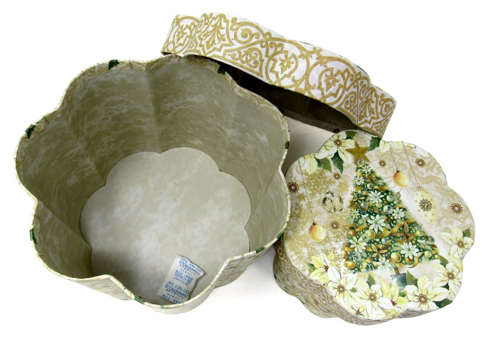 2 Punch Studio Fluted Round Christmas Boxes Golden Glow Tree Scallop Box 52275 - Image 3 of 4