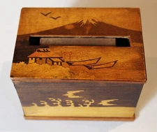 Japanese Pre-War Marquetry Inlaid Cigarette Dispensing Box with Mt. Fuji etc.