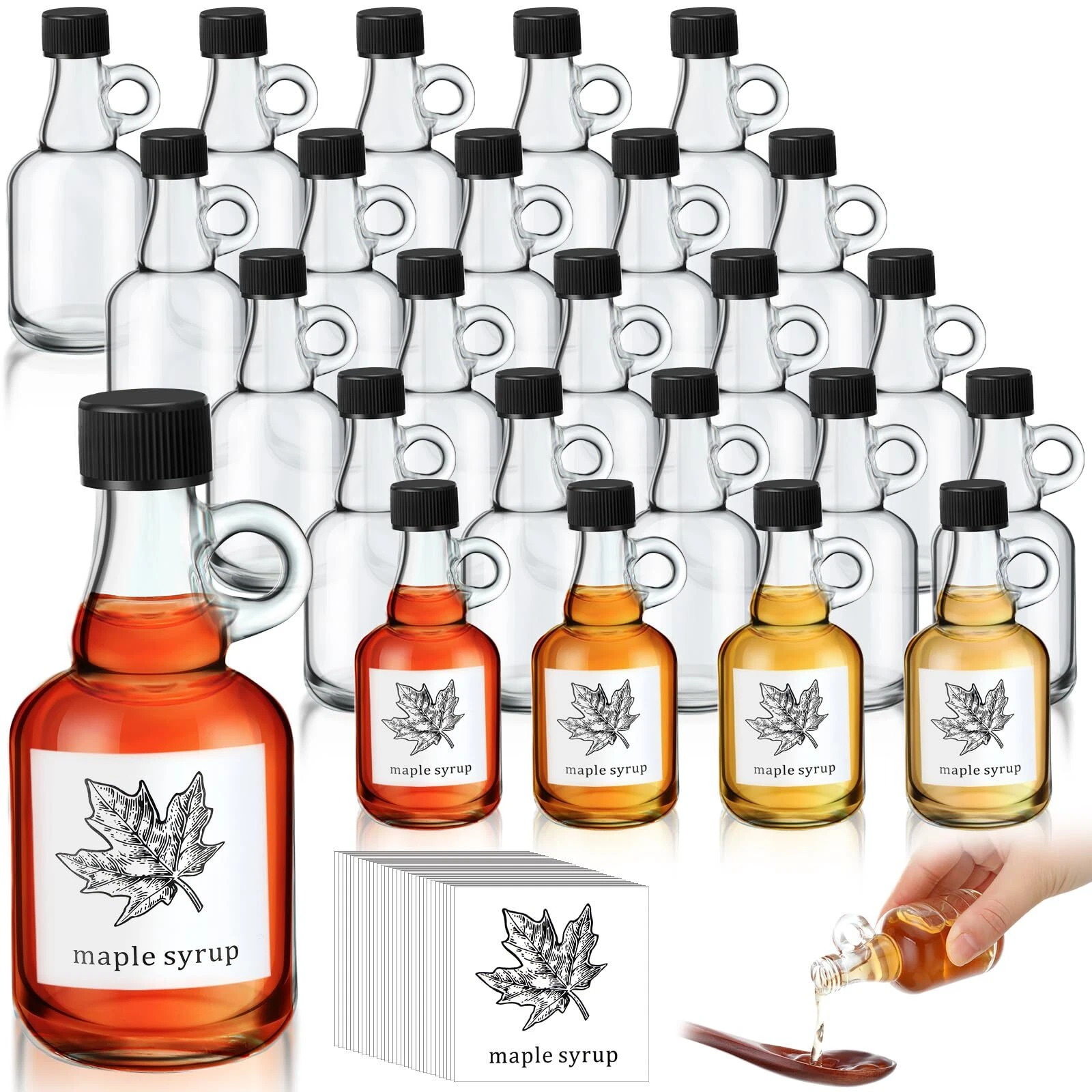 24Pack 1.7oz Reusable Glass Maple Syrup Bottles with Lids Loop Handle for Juice