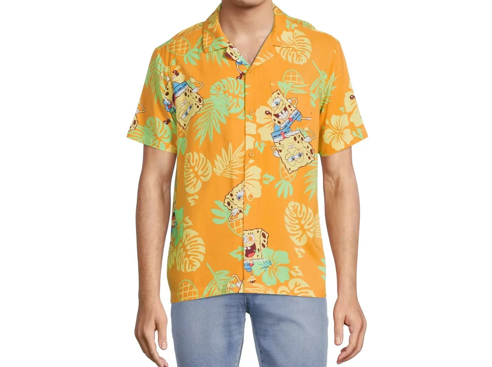 SpongeBob SquarePants Men's Tropical Print Woven Short Sleeve Shirt