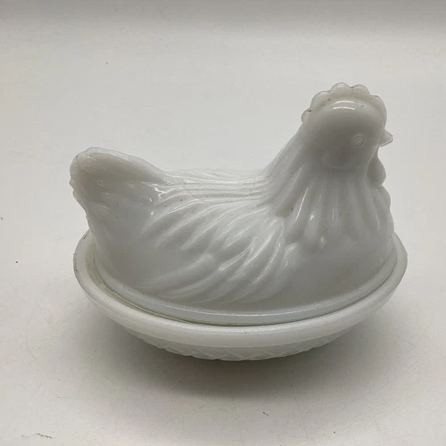 Vintage Hazel Atlas White Hen On Nest Basket Milk Glass Covered Dish Small USA