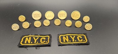 14 ASSORTED VINTAGE NYC CENTRAL RAILROAD BRASS BUTTONS & 2 PATCHES 
