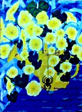 Original painting of yellow flowers and spider art impressionist large 18x24 pb