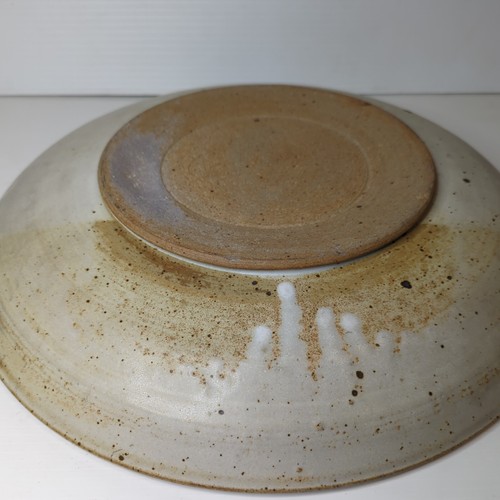 Signed Art Hand Thrown Large Pottery Bowl Server Blue Red Beige 14.5" Diameter - Picture 9 of 9
