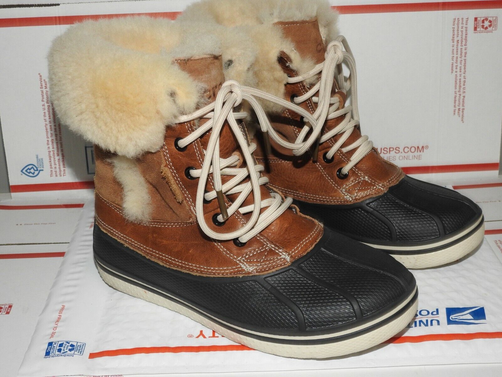 Oppose Diagnose light bulb CROCS ALLCAST LUXE DUCK Winter Boots Brown Leather Faux Fur Lining Sz 7  Lace Up | eBay