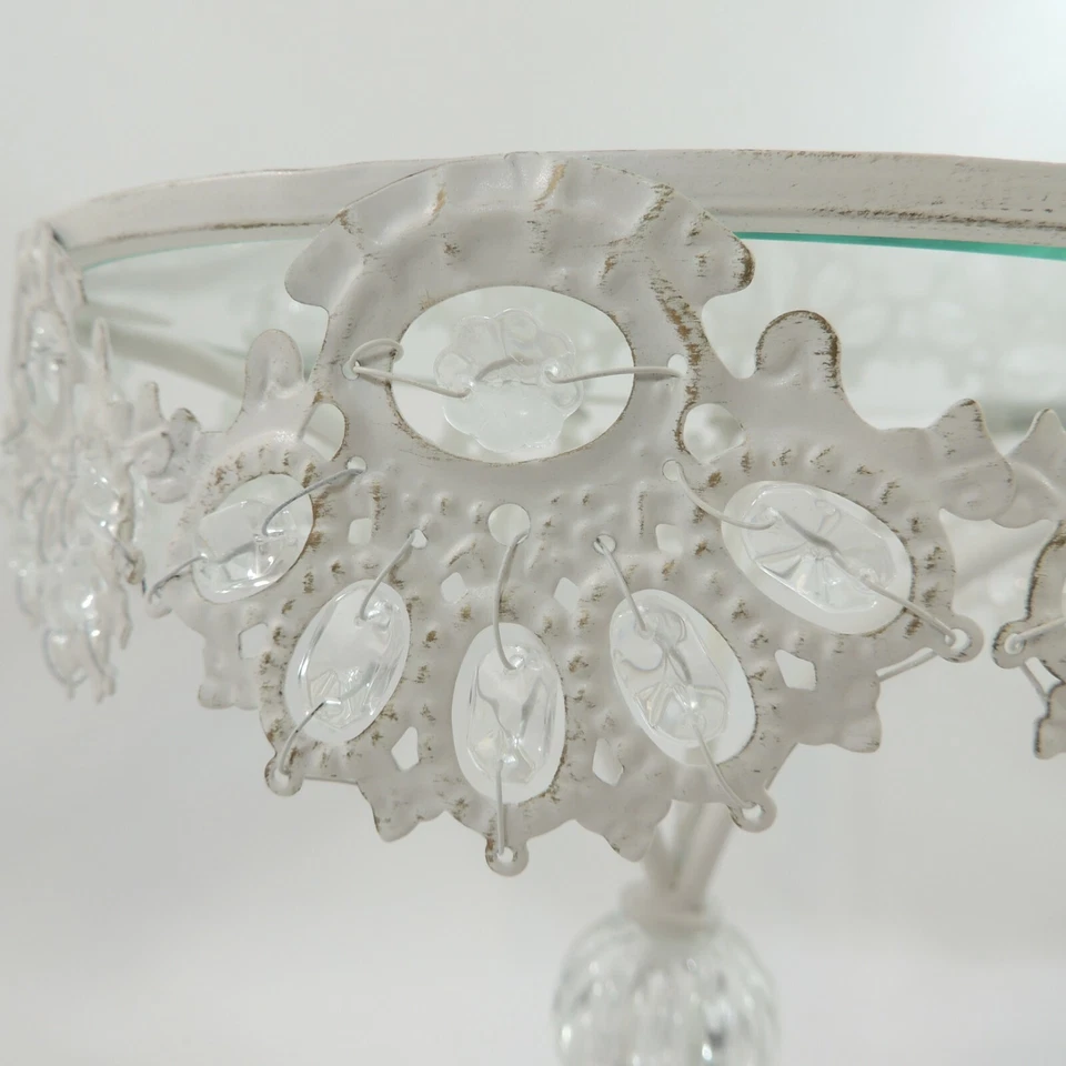 White Iron Shabby Pedestal Cupcake Stand Cake Plate Faux Crystal Beads & Lace - Image 2 of 4