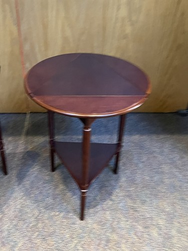 Vtg Bombay Furniture Round / Triangle Drop-Leaf Side Table W/Shelf 3 Leg Pair - Picture 9 of 14