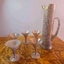 Vintage West Virginia Glass "Golden Jewels" Martini Set: Pitcher And 5 Glasses
