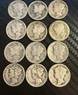 12 - Mercury Dimes 10C Silver Coins 1916-1939 Circulated
