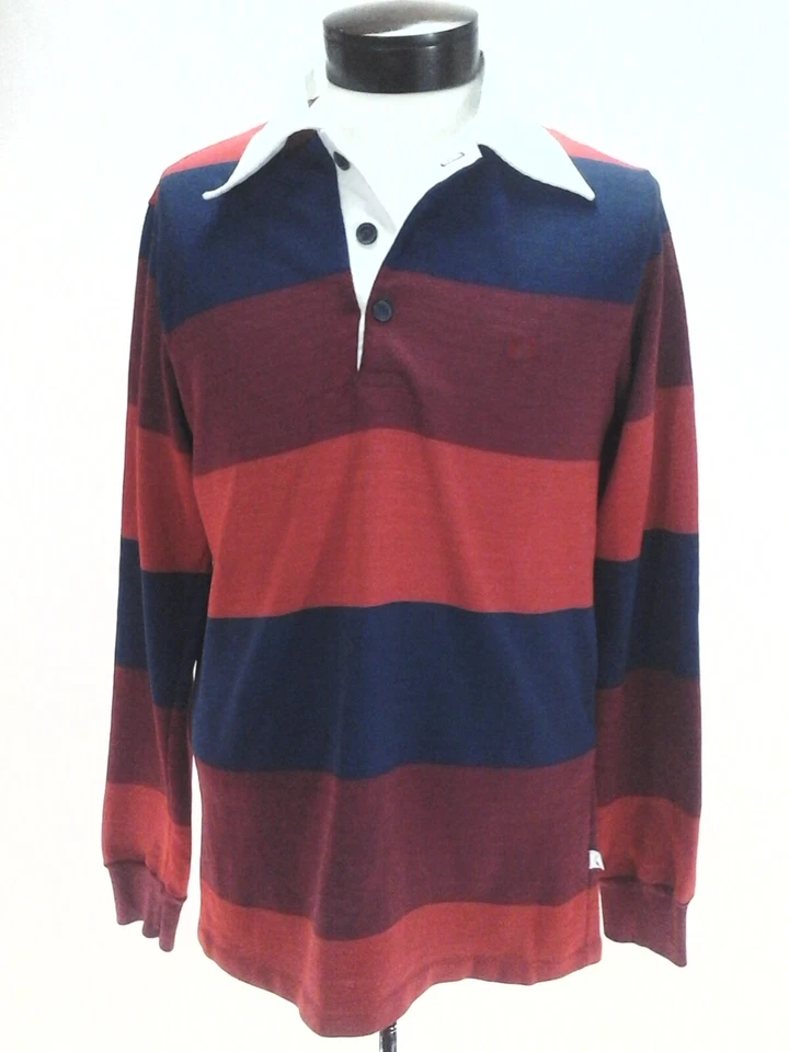 Camisa polo HANG TEN listrada L/S vintage anos 60 anos 70 azul laranja vermelha masculina G RARA - Imagem 2 de 4