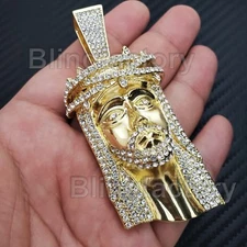 HIP HOP ICED 14K GOLD PLATED ALLOY CUBIC ZIRCONIA LARGE JESUS HEAD CHARM PENDANT