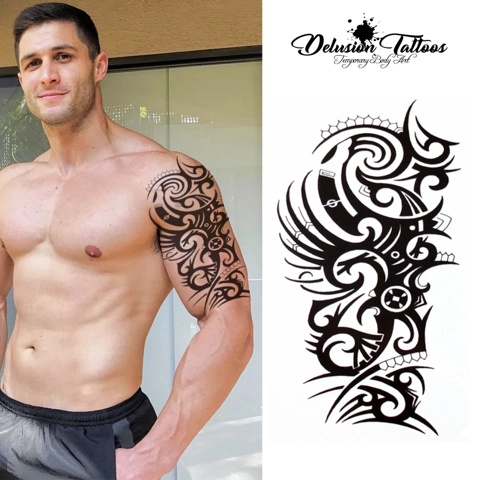 DELUSION TATTOOS TRIBAL DRAGON TEMPORÄRES TATTOO, AZTEKEN, SCHWARZ, HERREN, DAMEN, TATTOOARM ZUM AUFKLEBEN