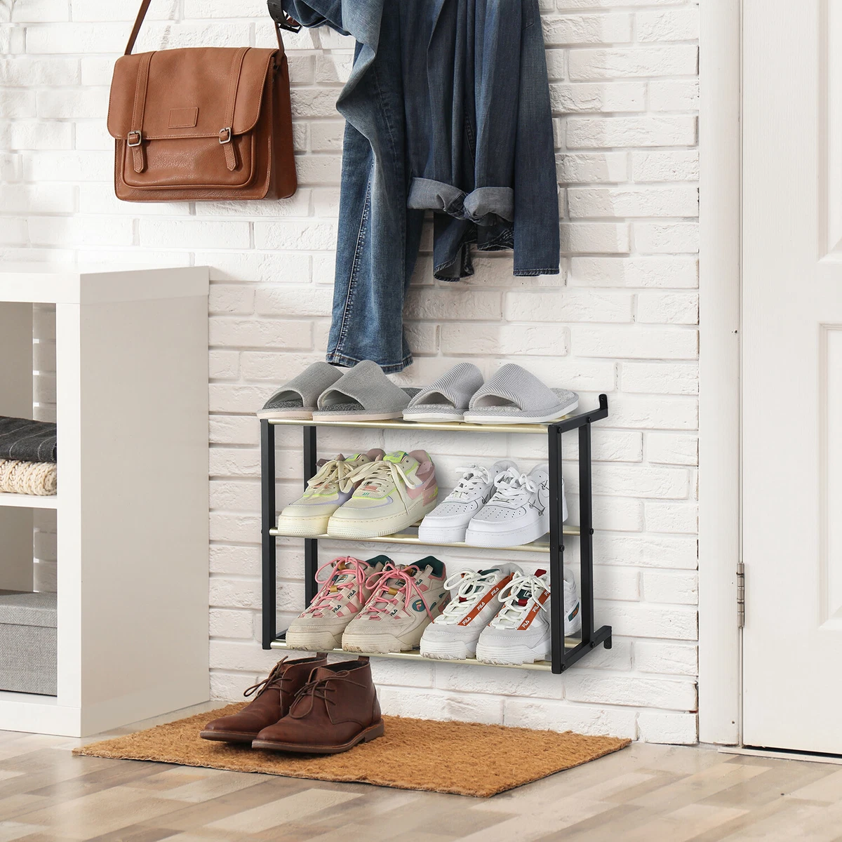 3-Tier Modern Black & Brass Metal Wall Mounted Entryway Shoe Organizer  Shelf