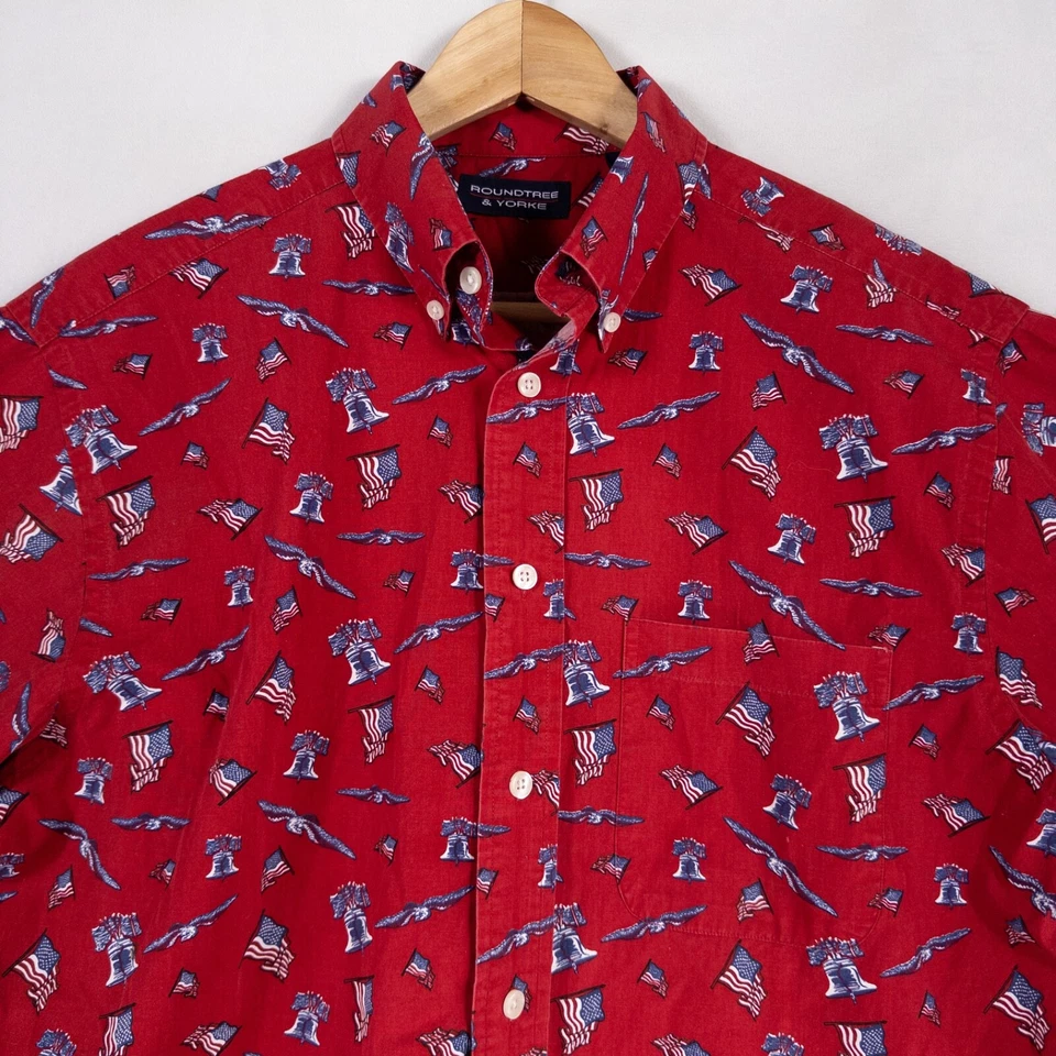 Roundtree & Yorke Shirt Mens Medium Red Button Down USA American Flag Patriotic - Image 2 of 4