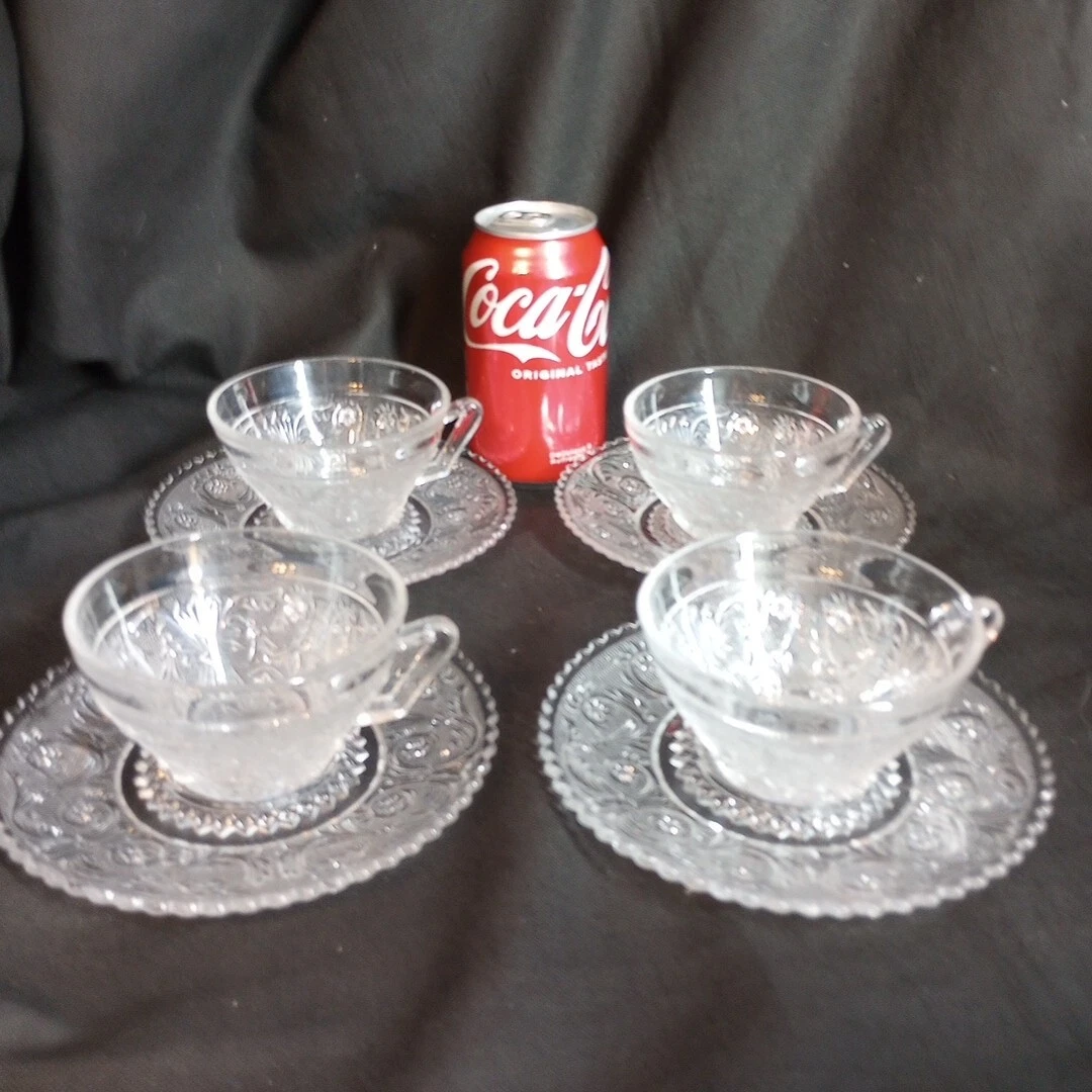 Vintage Set of 4 Duncan & Miller Sandwich Clear Cups & Saucers Pressed Glass EUC