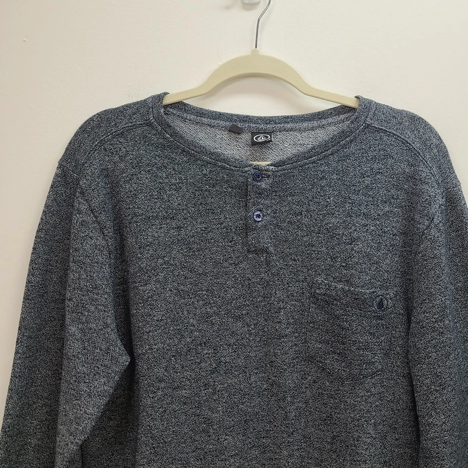 Volcom Henley Shirt Men Large Blue Long Sleeve Pullover Button Logo Pocket Knit - Image 2 of 4
