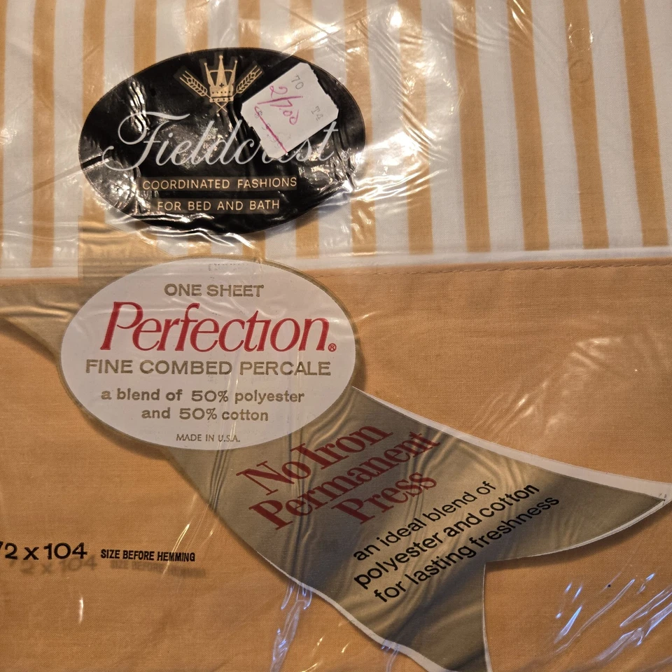 Hoja Plana Doble Fieldcrest Años 70 De Colección NOS Rayas Oro Amarillo 72 X 104 In Percal Foto 3 de 4