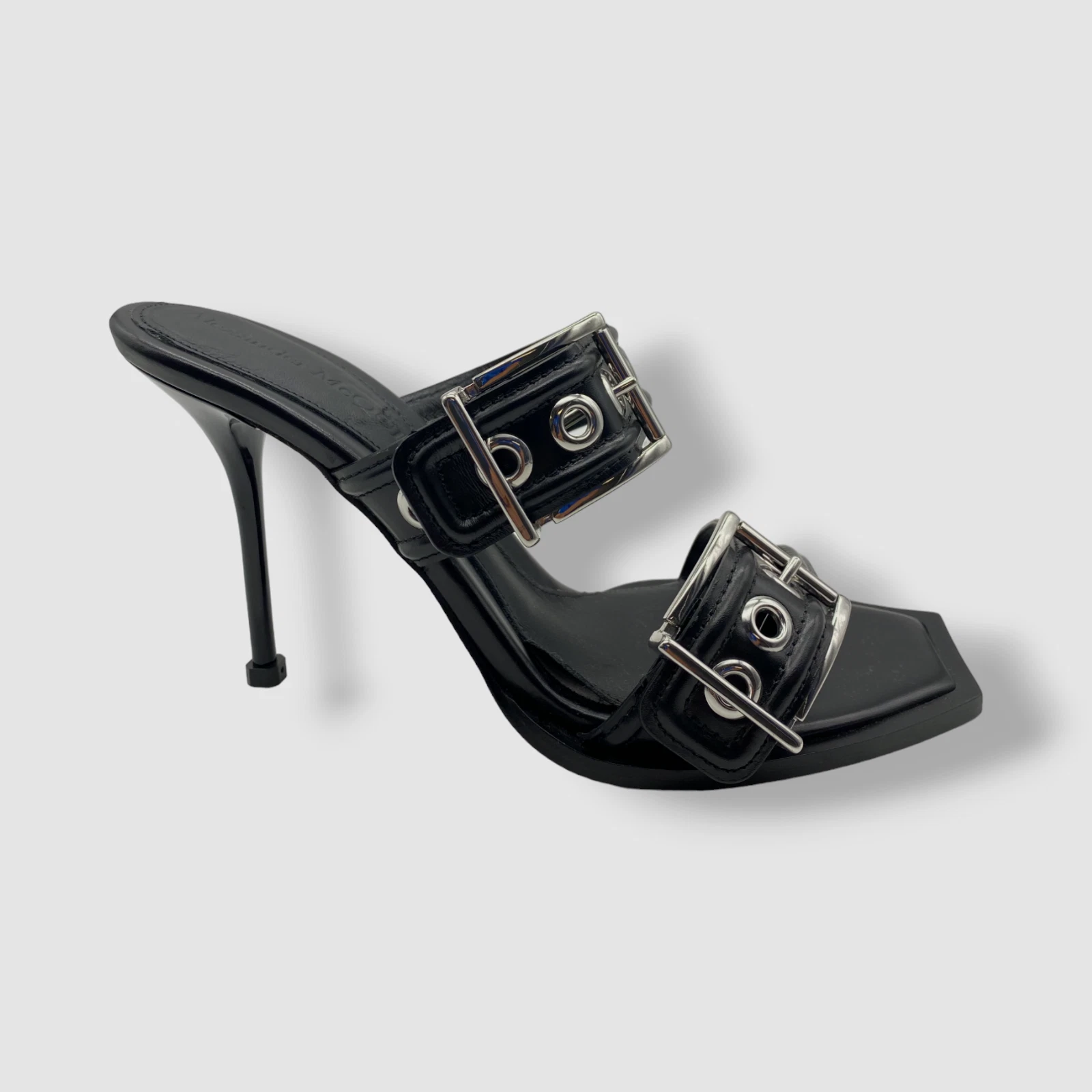 Scarpe sandalo donna Alexander McQueen nero doppia fibbia slide misura 39 5 $1390