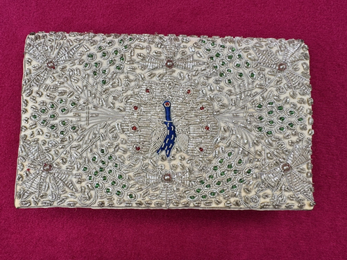 Vintage 2-Sided PEACOCK Zari Clutch Purse Silver Vermeil Thread /Wire Embroidery - Picture 2 of 17