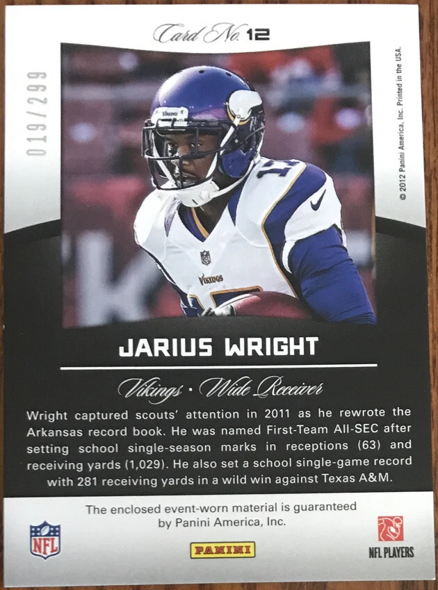 2012 Certified Certified Skills Materials Jarius Wright #12 #’d 019/299 - Image 2 of 2