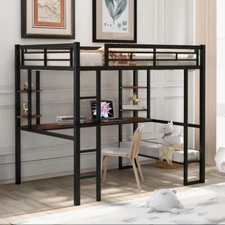 Full Size Loft Metal & MDF Bed with Long Desk, Shelve and Built-in Ladder, Black