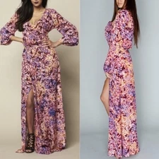 Show Me Your Mumu Size M 8-10 Purple Pink Blue Gold Floral Fairy Maxi Wrap Dress