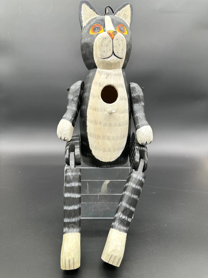 Black & White Fat Cat Wood Birdhouse | Unique Birdhouses Indonesia 20.5 Inch - Image 3 of 4