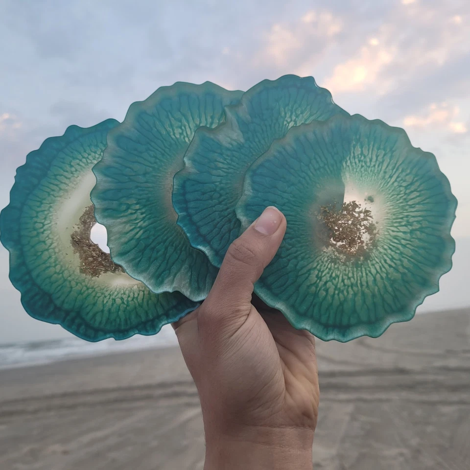 Nuevo juego de 4 posavasos de ágata geoda de lujo azul verde y dorado Foto 3 de 4