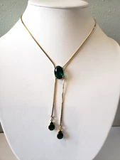 Napier Necklace Y Drop Green Rhinestones Gold Tone Chain