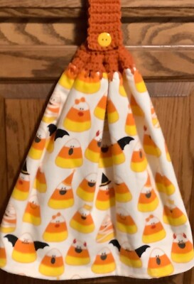 Double hanging Kitchen towel Halloween candy corn crocheted orange top